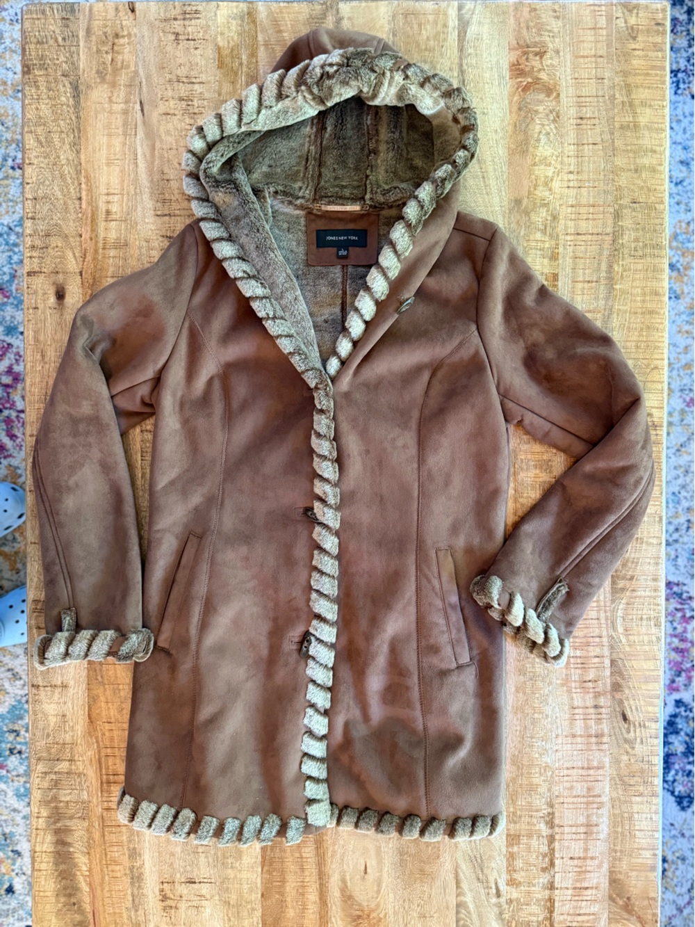 Jones New York Faux Suede Hooded Coat Faux Fur Trim Brown Toggle Size L